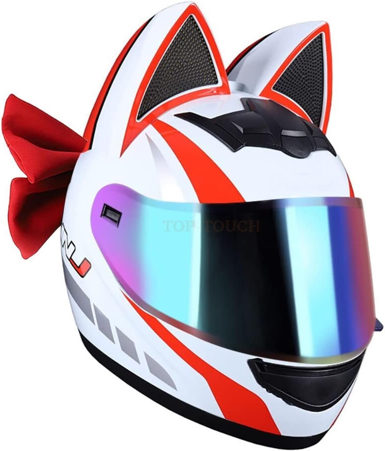 DOT Approved Cool Cat Ears Full Face Motorcycle Helmet with Bow Tie, Women Flip up Motorbike Modular Motorbike Helmet, Cool Girl Cruiser Chopper Moped Scooter ATV Helmets(White,Medium)