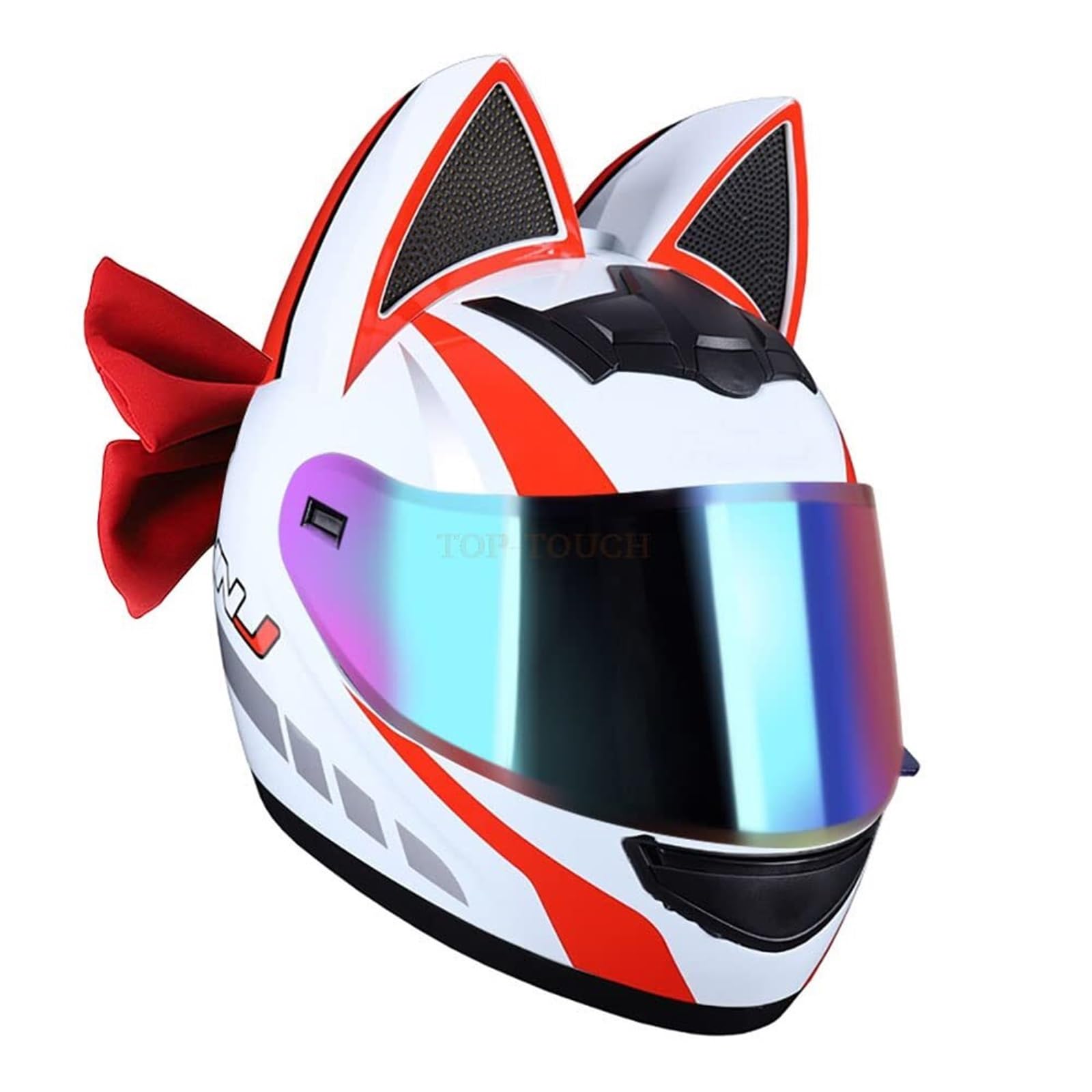 Personalized Cool Cat Ears Full Face Motorcycle Helmet with Bow Tie,Women Flip up Motorbike Modular DOT Approved Cool Girl Cruiser Chopper Moped