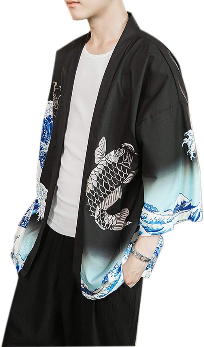 PRIJOUHE Men's Kimono Cardigan Jacket Japanese Style Flying Crane Seven Sleeves Open Front Coat - Image 2