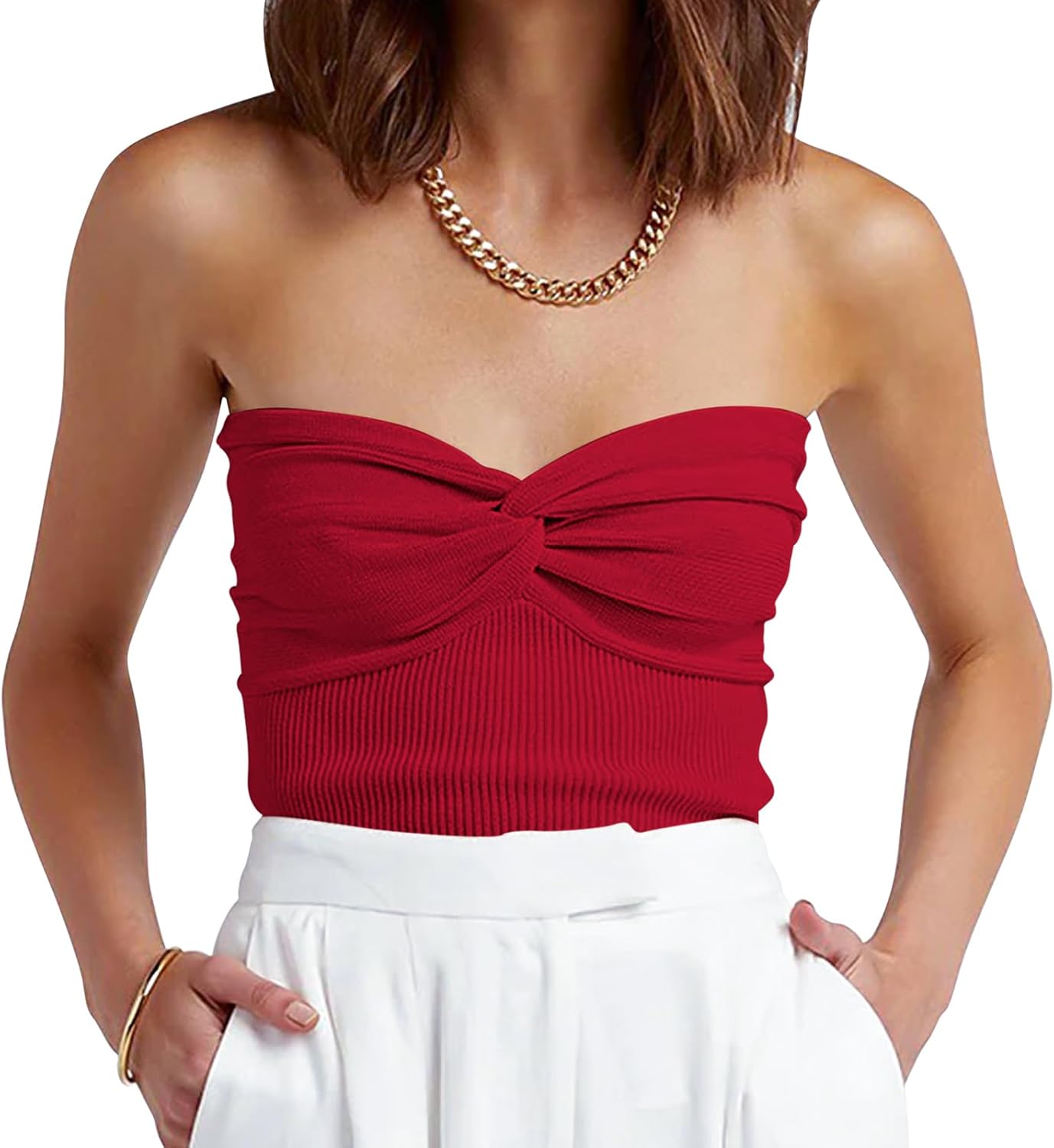ANRABESS Tube Top for Women Summer Strapless Bandeau Knit Twist Knot Corset Crop Basic Tank Tops 2026 Vacation Beach Clothes