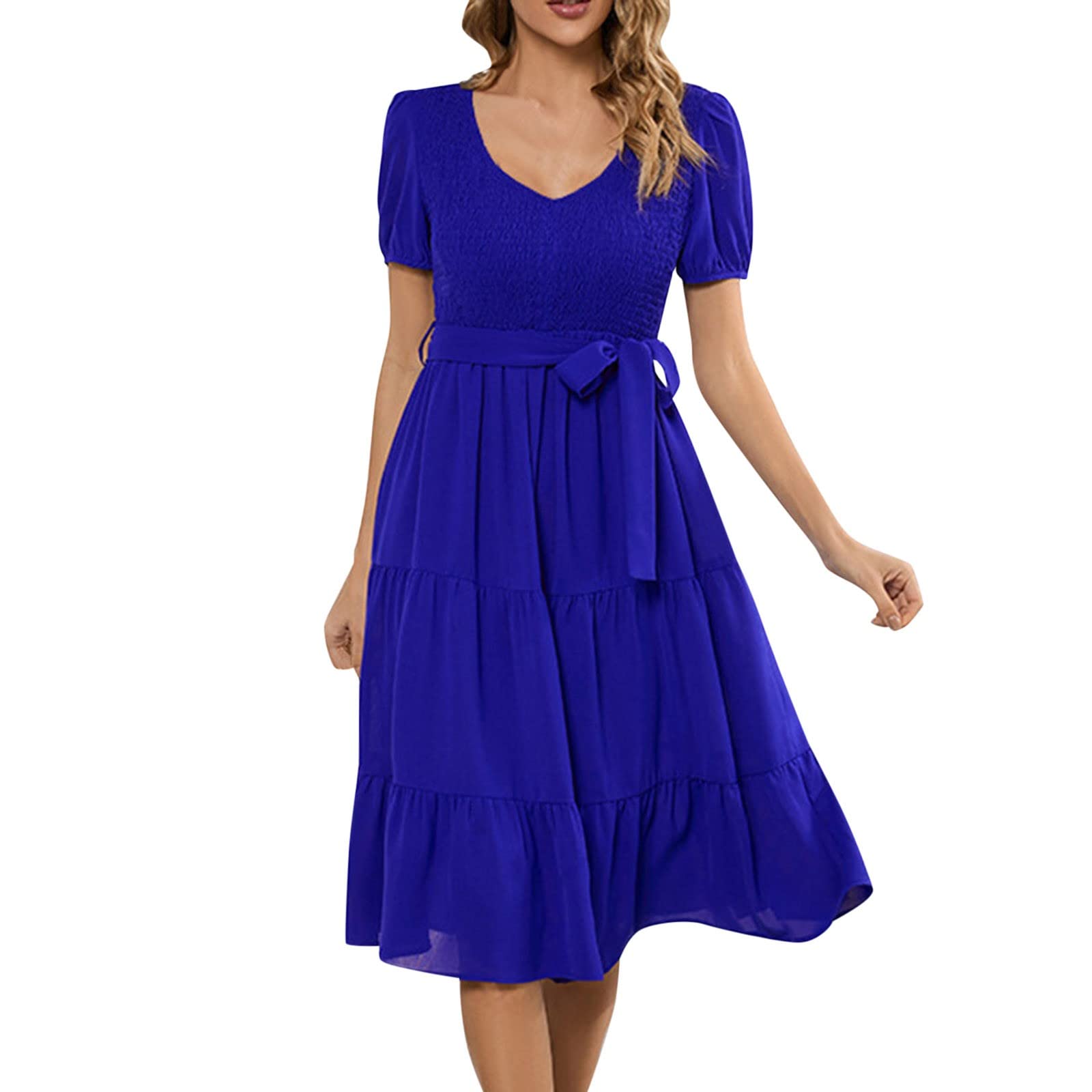 YANJI Vestidos De Novias Sencillos Vestido Midi Escalonado con Cintura elástica y Cuello en V de Manga Corta con aleteo Informal de Verano 2023 para Mujer Vestidos Invitada Boda 2023