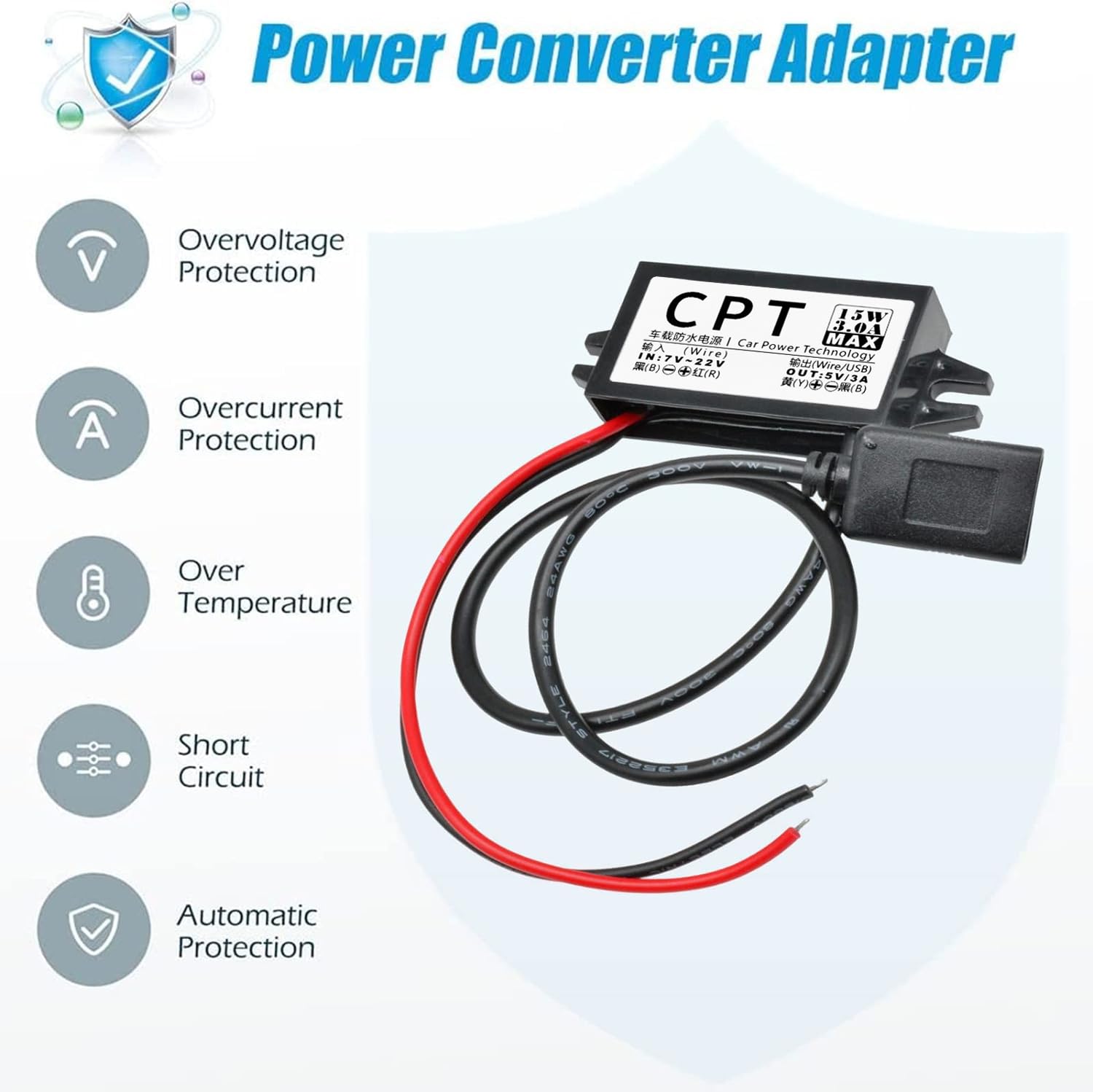 Adattatore USB da 12V a USB,Convertitore Buck da 12V a 5V Impermeabile,Convertitore di Tensione di Alimentatore da 3A 15W DC a DC per Auto (Typ C