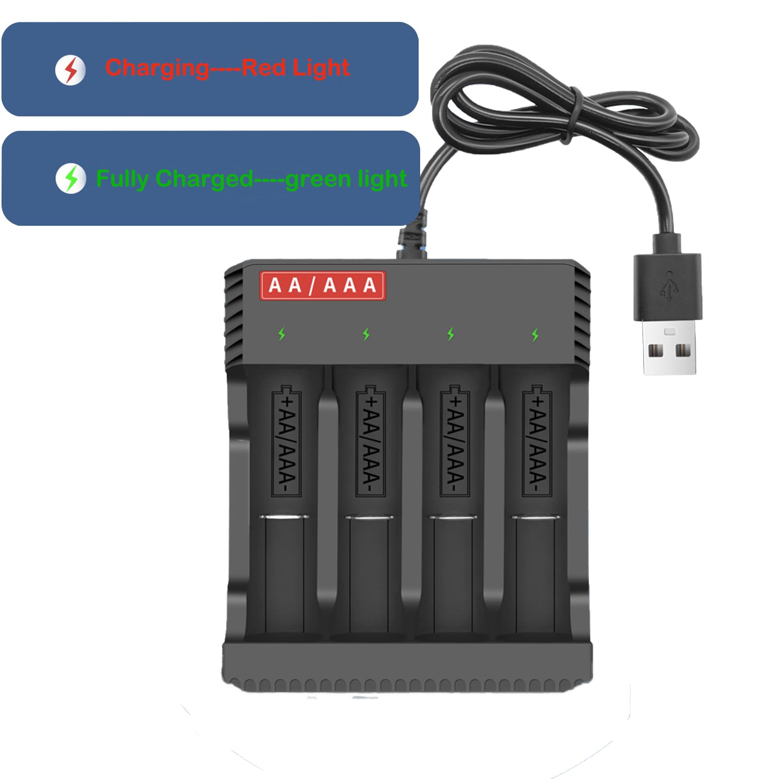 AA AAA Battery Charger 4-Bay | Individual Charger for NiMH NiCD Rechargeable Batteries with USB |Without Battery