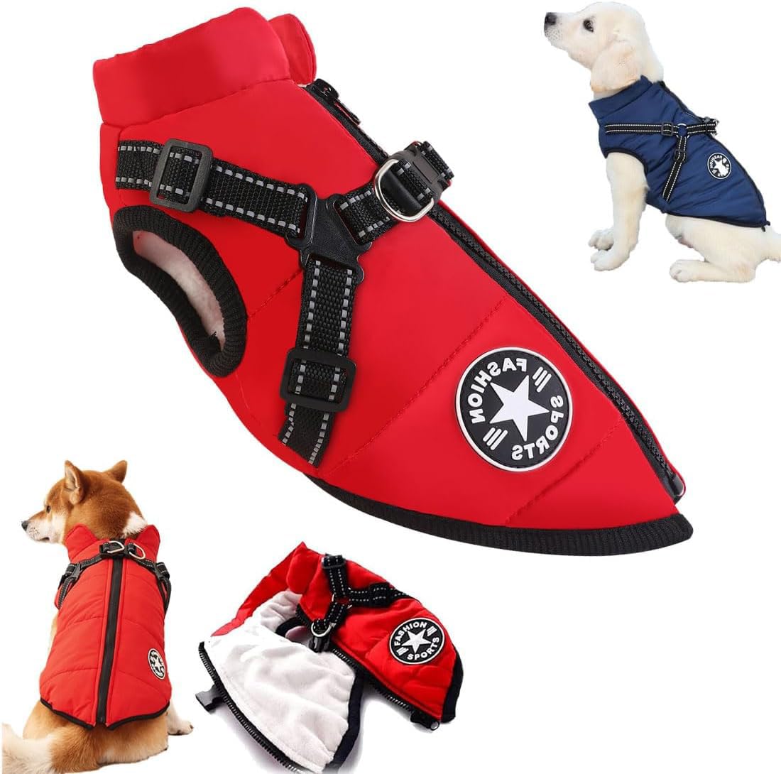 New Furry King Dog Winter Coat, Furryking Winter Jacket for Dogs, Waterproof Windproof Dog Snow Jacket with Harness and Zipper, for Small Medium Large Dogs(Size:3X-Large,Color:red)