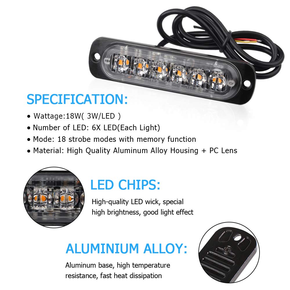 4pcs 12-24V Ultra Sottile Lampeggiante Emergenza Avvertimento Strobo Luci Luce - 6LEDS Flash Warning Light Bar - Auto Moto Truck-Ambra