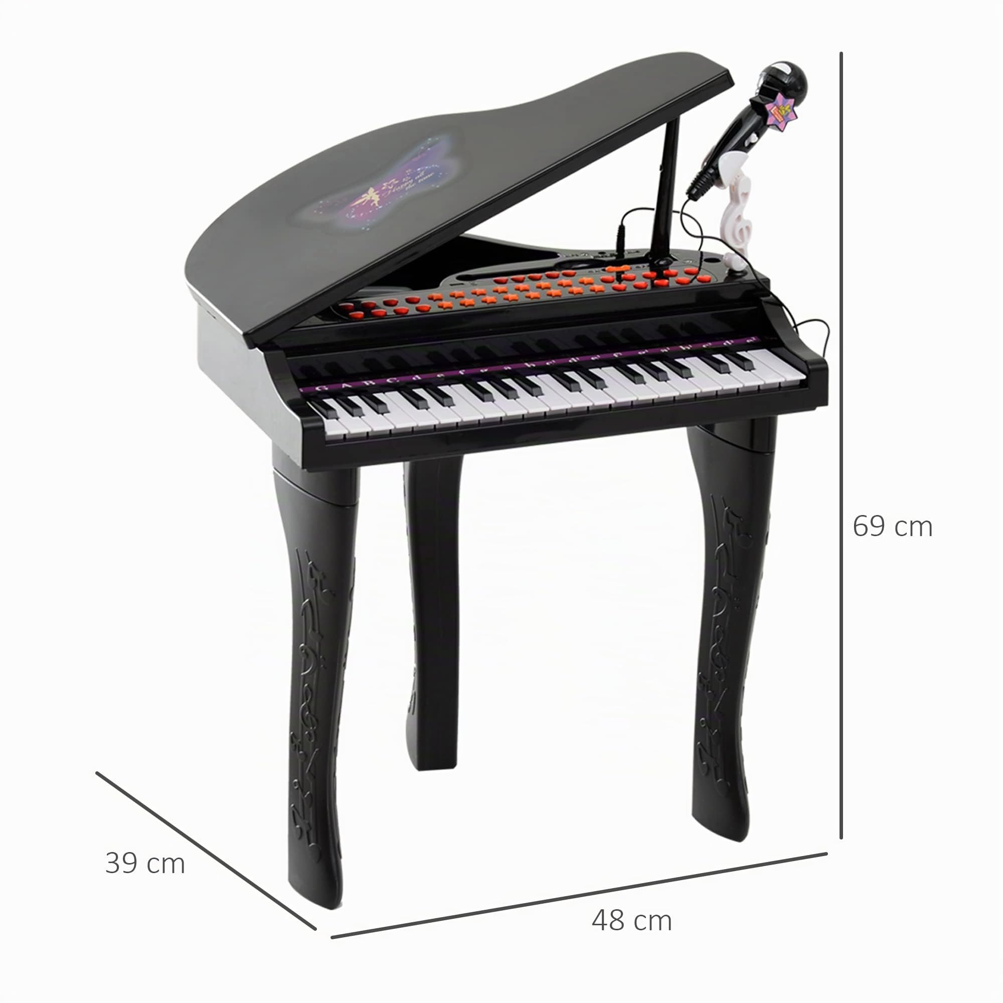 HOMCOM - Piano electrónico de 37 teclas, 3 a 6 años, color negro | Multifunción con micrófono altavoz, luz LED, función de grabación y reproducción, instrumento musical infantil