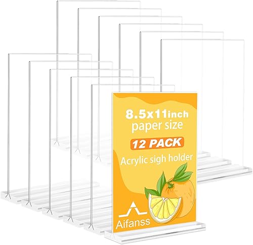 Aifanss Soporte para letreros acrílicos de 8.5 x 11 pulgadas, paquete de 12 soportes verticales de plástico transparente de doble cara, soporte de