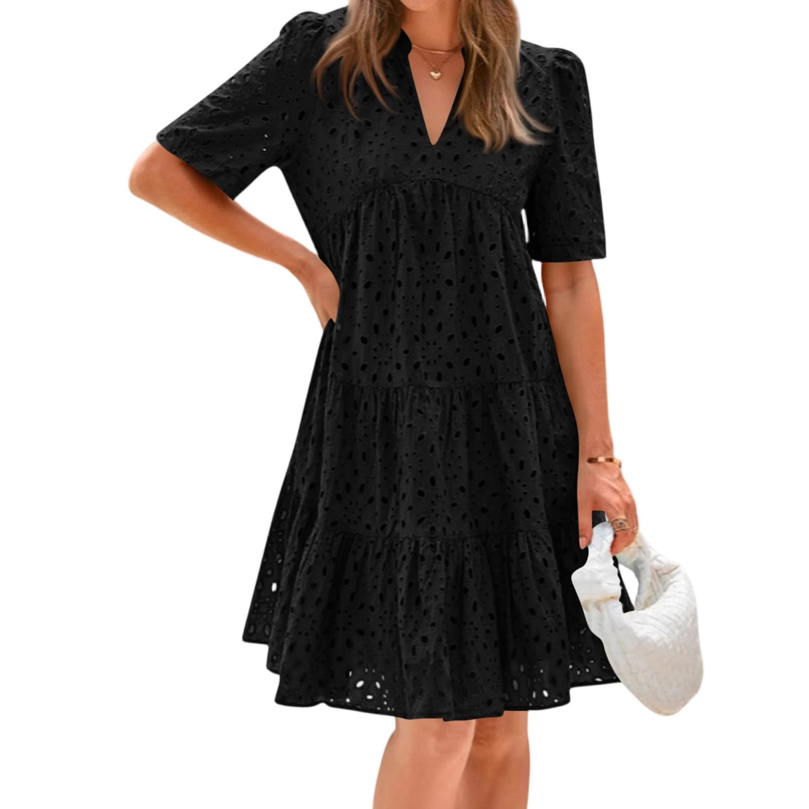 Damen Sommer Kleider Mit Öse Boho Kleid Knielang A Linie Rüschen Sommerkleid Elegant V Ausschnitt Kurzarm Bestickt Ibiza Sommerkleider Leicht Und Luftig Bohemian Strandkleid Frauen Locker