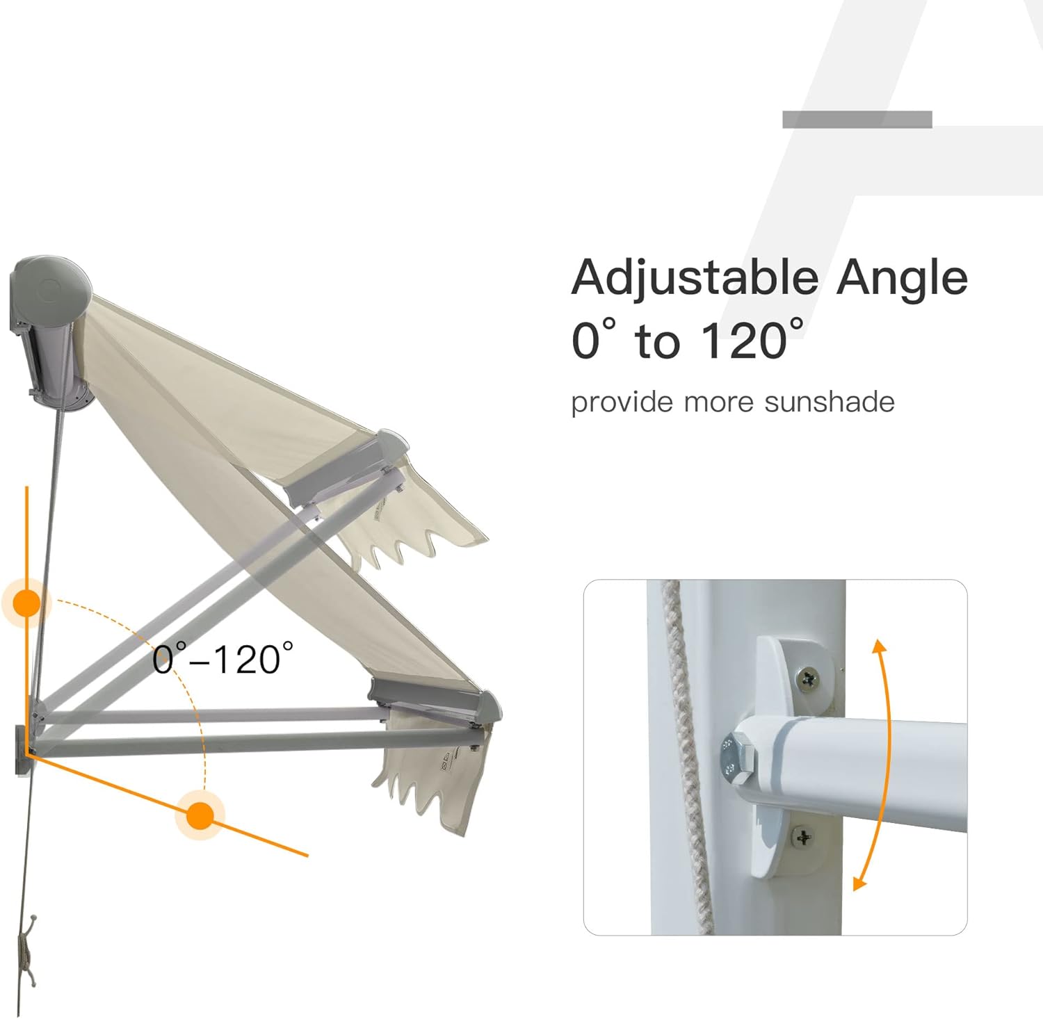 Diagram showing adjustable angle of the awning from 0 to 120 degrees