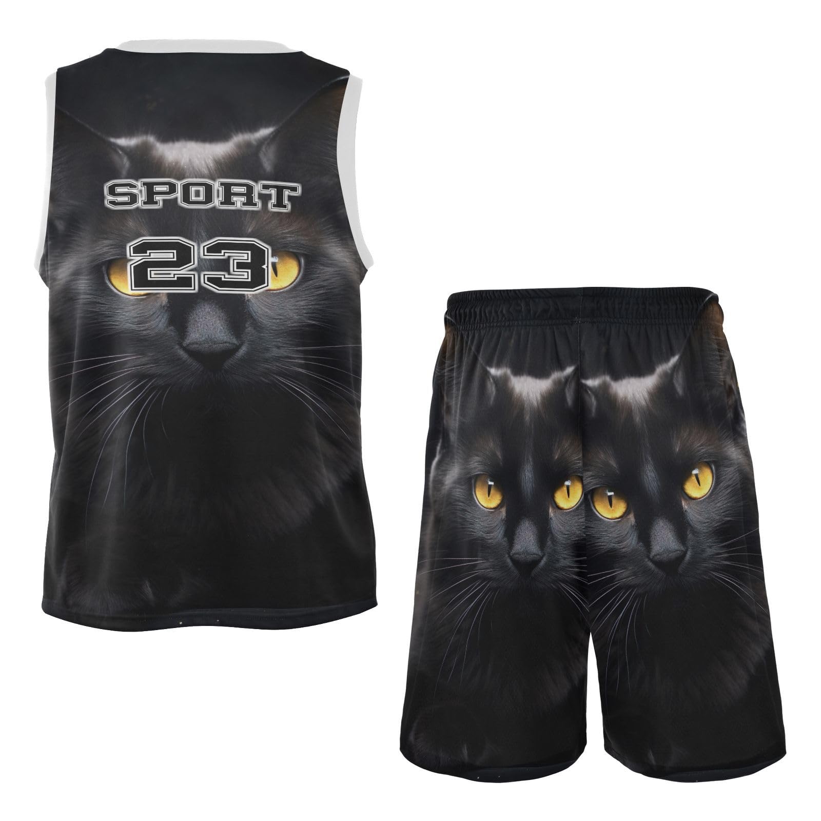 FLildon Black Cat Pattern Boys Basketball Jersey Set Tank Top Shorts Tracksuit Sport Training Suit for Kids, M