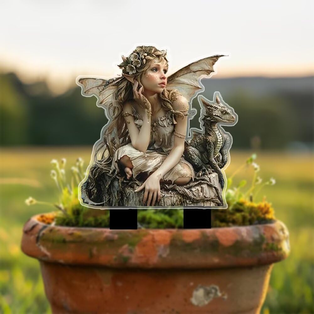 Girl and Dragon Acrylic Garden Stake, Indoor and Outdoor Garden Acrylic Decoration, Suitable for Flower Pots and Landscape Beautification, Suitable for Courtyards and Lawn