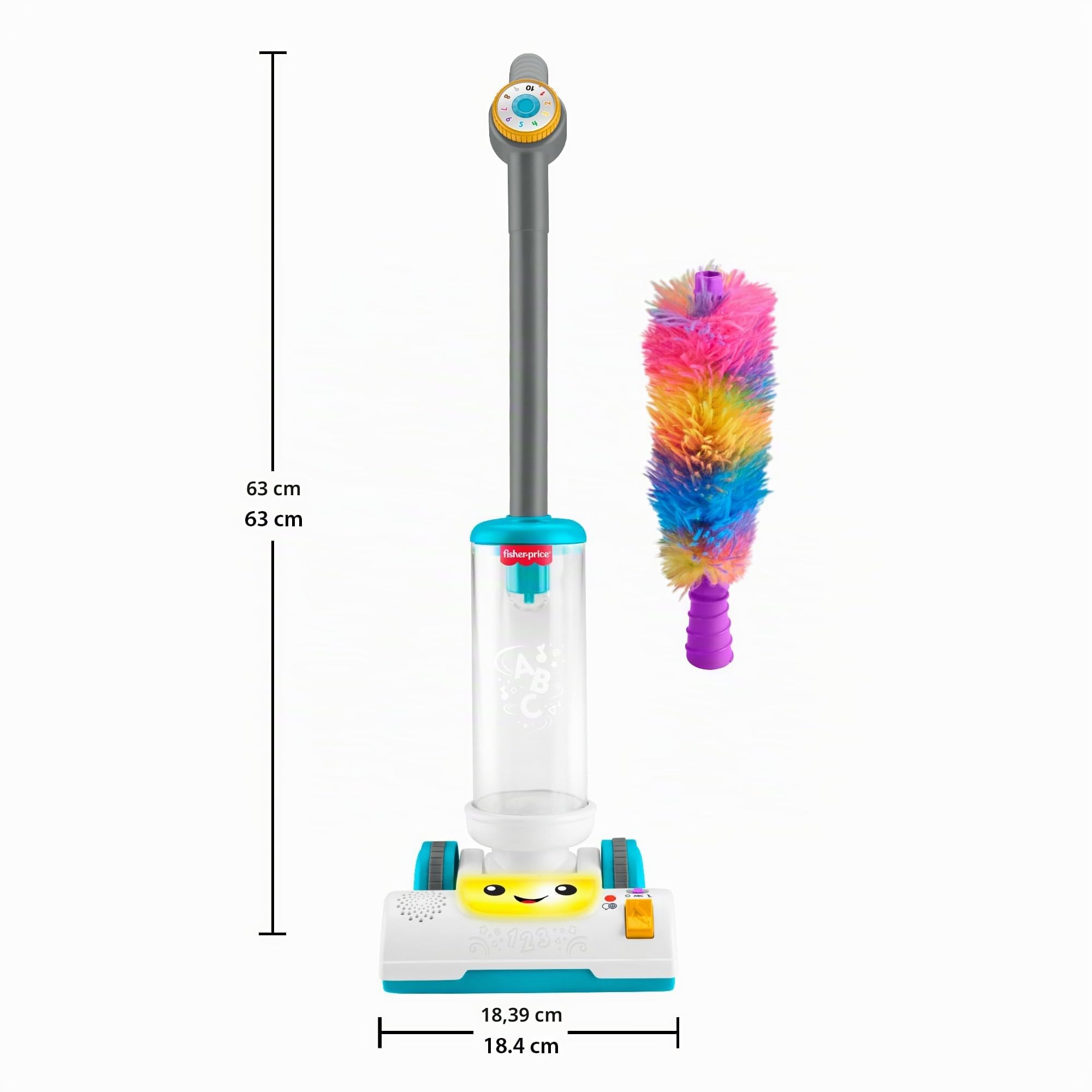 Fisher-Price - Aspirapolvere Ridi & Impara, Giocattolo con spolverino Rimovibile, 45 Canzoni, luci e Frasi per Imparare divertendosi, Versione Italiano +UK+FR+DE, 2+ Anni, JMM33