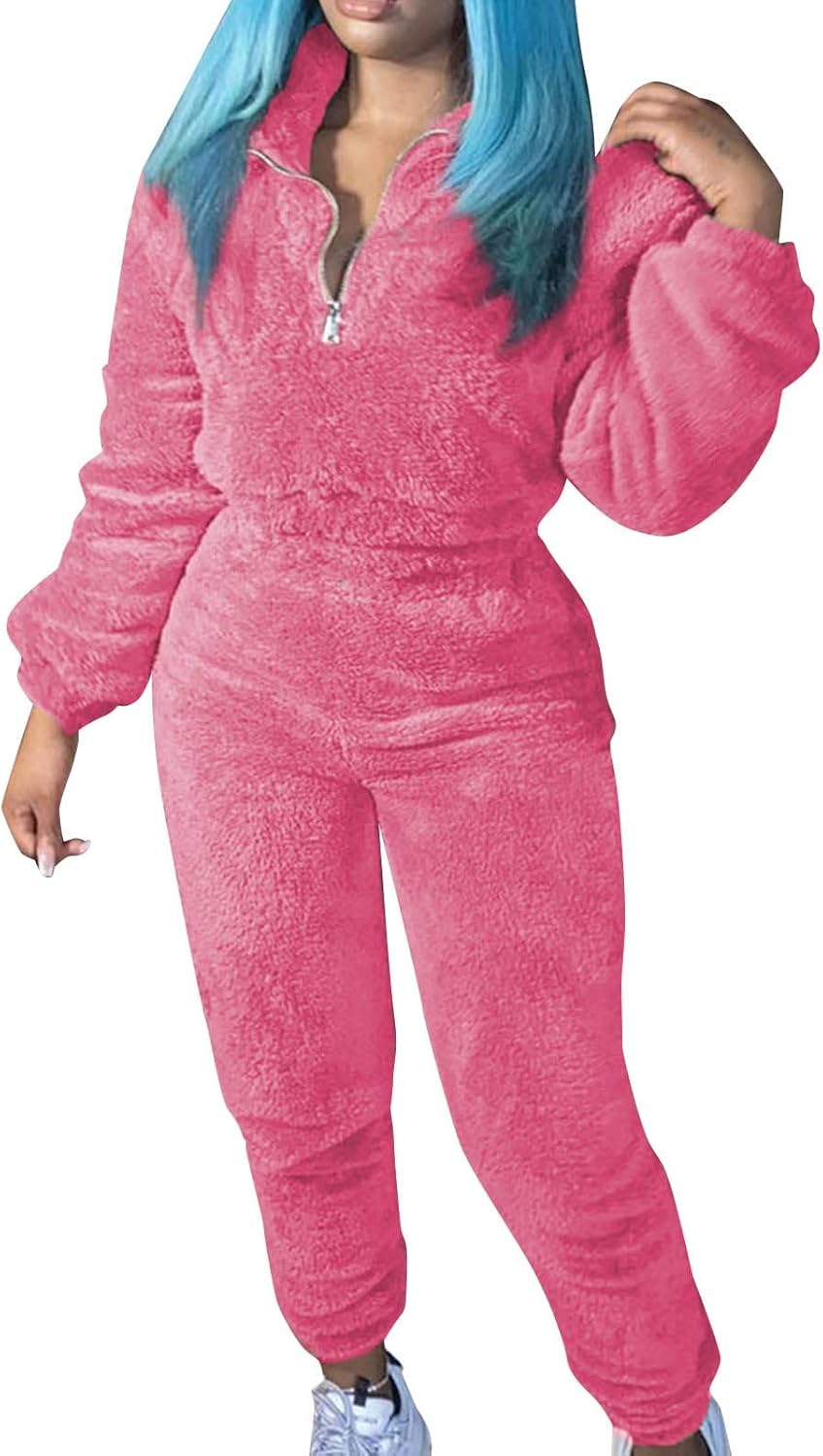 Womens Fall Lounge Sets 2 Piece Outfits Winter Pyjamas Set Furry Cropped Quarter Zip Sweatshirts Jogger Pant Set