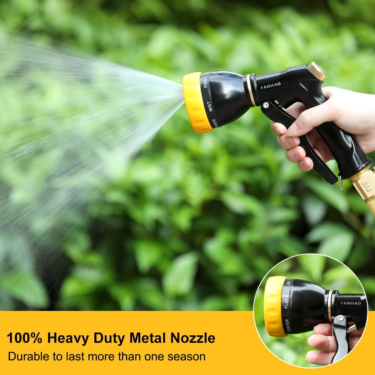 FANHAO Garden Hose Nozzle Sprayer, 100% Heavy Duty Metal Spray Nozzle with 7 Spray Patterns, High Pressure Water Hose Nozzle, Best for Watering Plant & Lawn, Washing Car & Pet