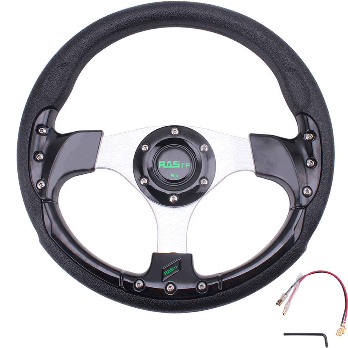 RASTP Universal Racing Steering Wheel 12.5”/320mm 15 Bolts Grip Vinyl Leather & Aluminum with Horn Button for Car-Black