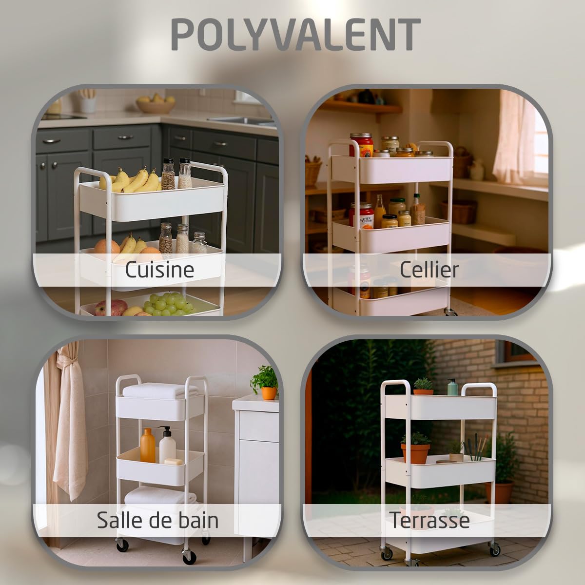 Amig – Desserte de Cuisine 3 Niveaux à roulettes Mod. Linn – Étagère auxiliaire en Acier – Blanc – Chariot Multi-usages pour Cuisine, Salle de Bain ou Bureau – 40,5 x 28 x 76 cm