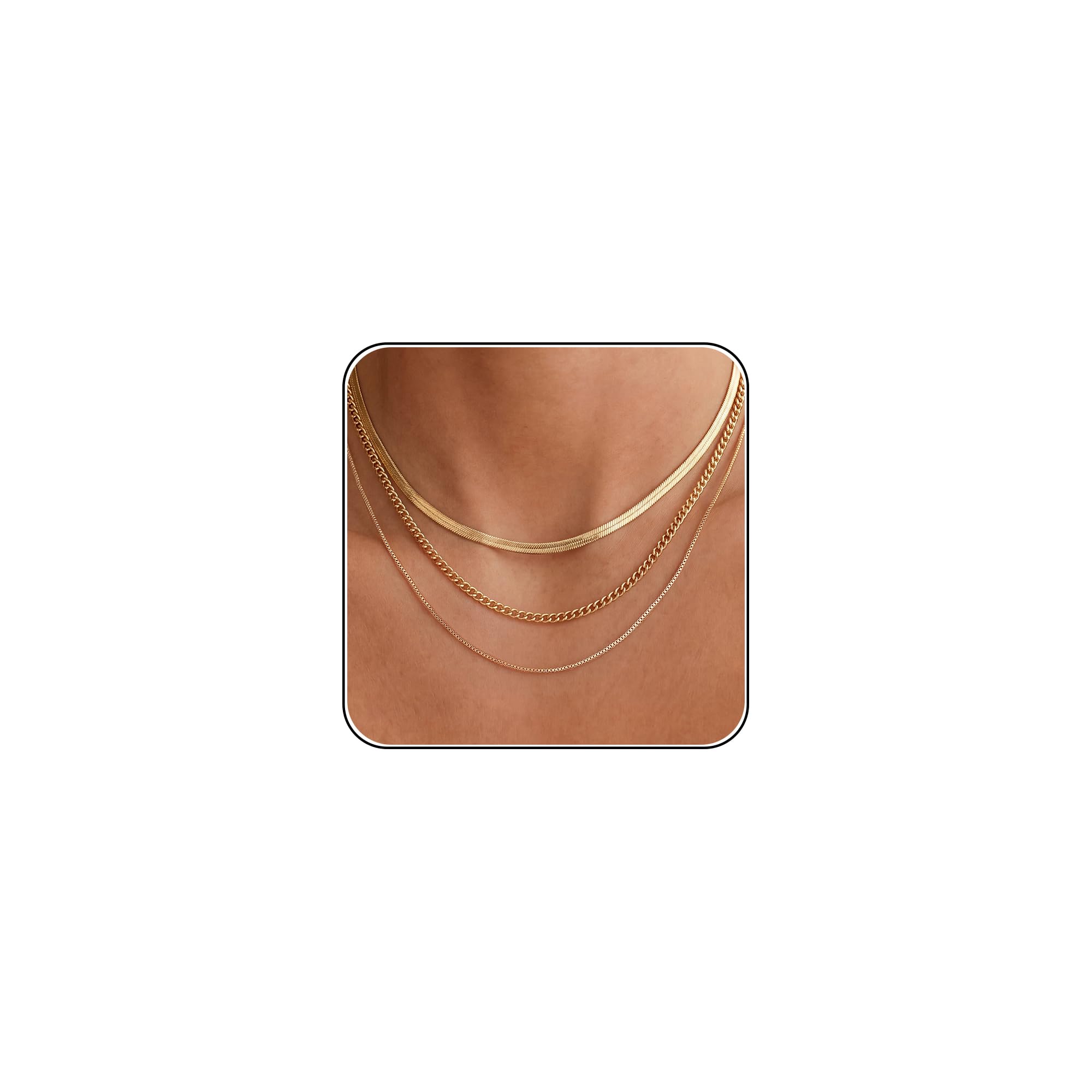 Tewiky Layered Necklaces for Women Non Tarnish- Chunky 14k Gold Plated Herringbone/Snake/Rope/Box/Cuban Link Chain for Women Waterproof Layering Stack Choker Necklace Trendy Dainty Tarnish Free Jewelry Set