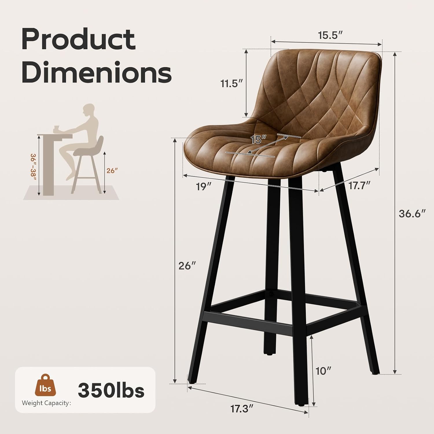 Bar Stools Set of 2, 26 Inch Counter Height Bar Stools with Back and Extra‑Wide Heavy‑Gauge Metal Legs, Modern Faux Leather Upholstered Barstools for Kitchen Island, Counter, Brown