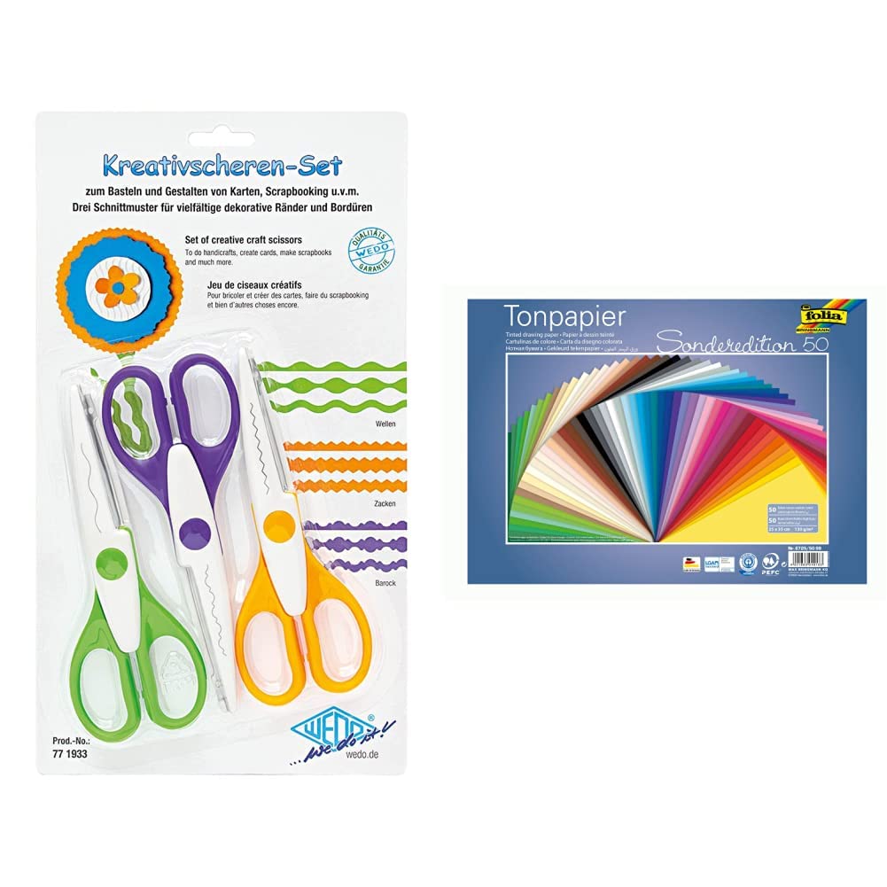 Wedo 771933 Kreativscheren Set, 3er Set, 16 cm & folia 6725/50 99 - Tonpapier Mix, 25 x 35 cm, 130 g/qm, 50 Blatt sortiert in 50 Farben - ideale Grundlage für vielseitige Bastelarbeiten