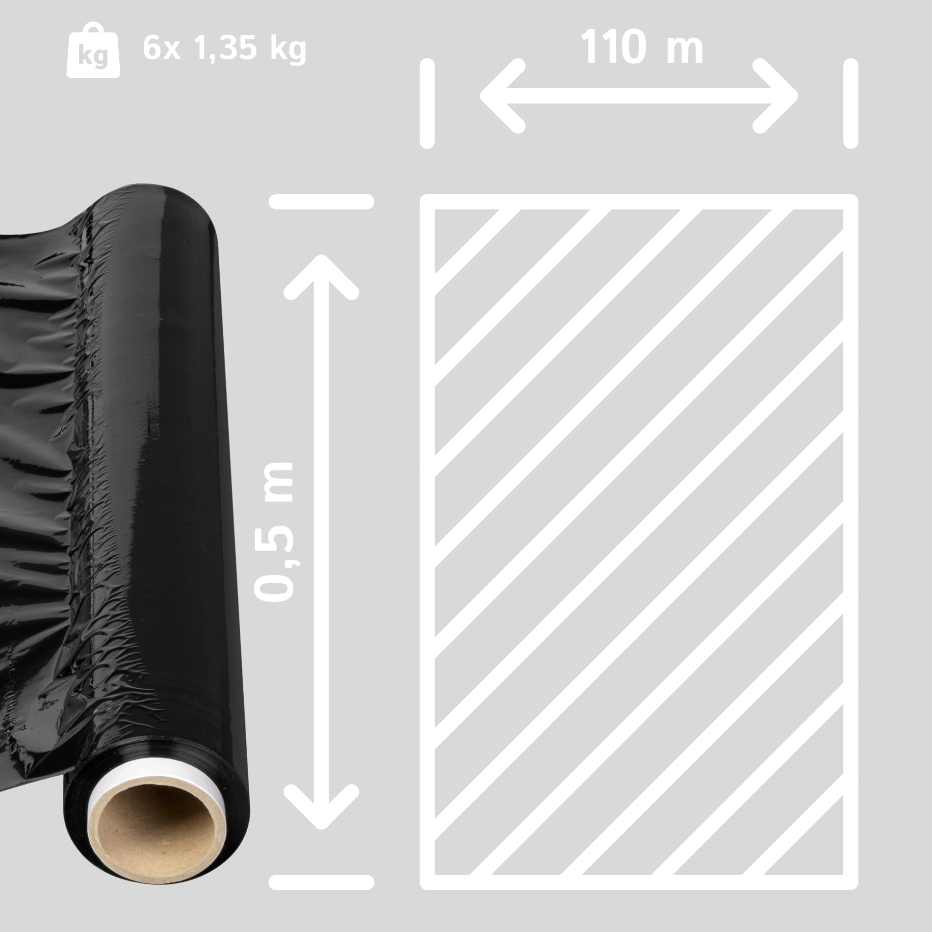 Stretchfolie Schwarz 50 cm - Starke Folie für Möbel - Set mit 6 Stück - Verpackungsmaterial 110 m - Verpackungsfolie für Umzugskartons - Strechfolienrolle - Möbelfolie 1,35 kg