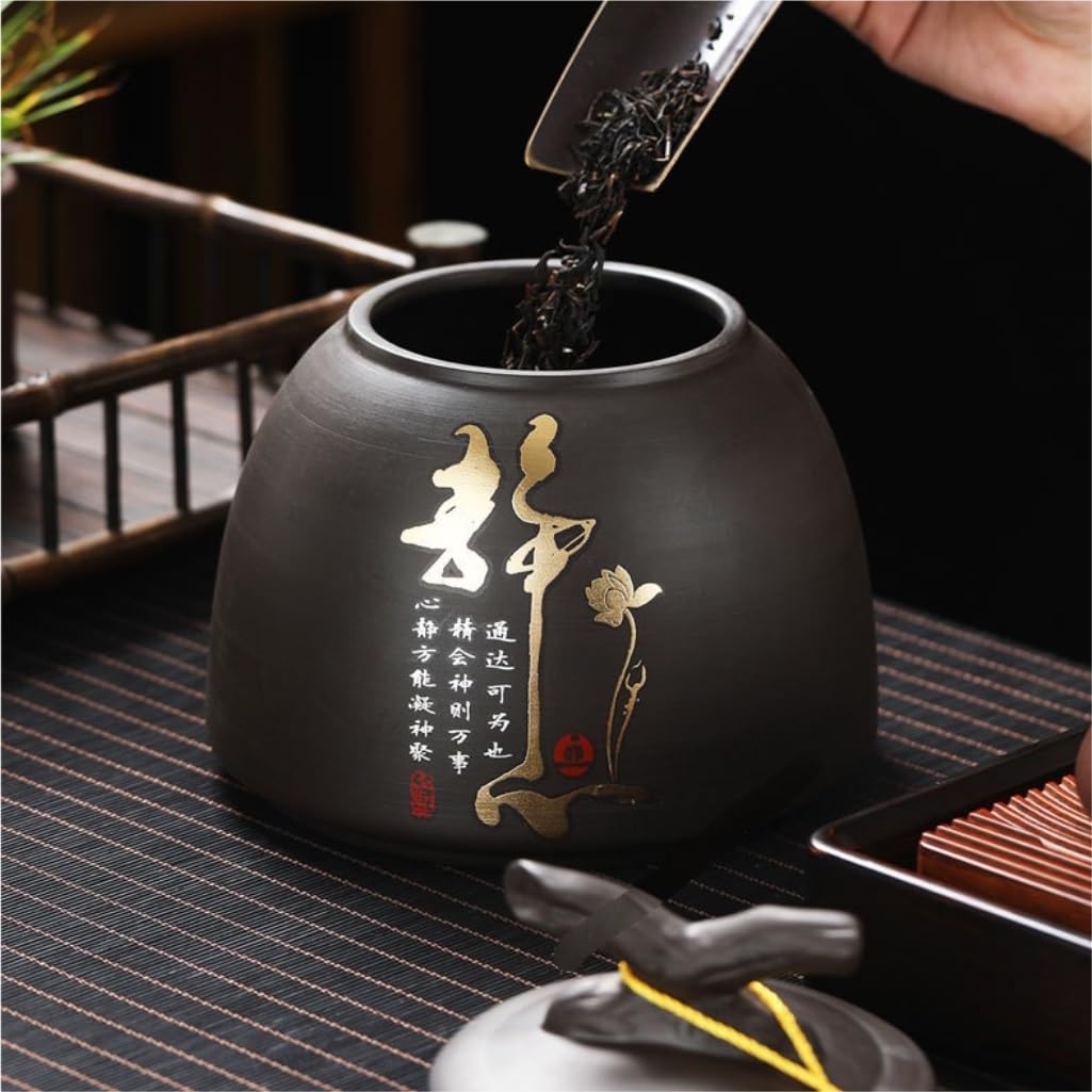 Caja de té Tarro de Almacenamiento de té de cerámica, Olla de Comida de la Cocina en el hogar, gres retro sellado chino caja de té(B)