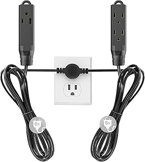 Extension Cord Indoor,Twin Extension Cord Power Bar - 12 Feet Cord - 6 Feet On Each Side with 6 Polarized Outlets,16AWG 3 Prong Grounded Wire