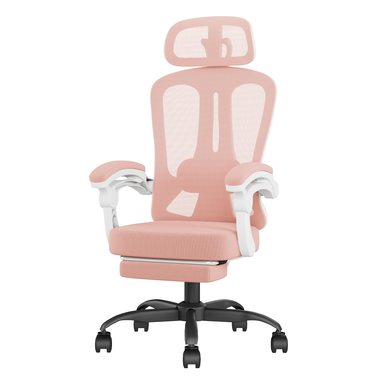 PZDO Pink Office Chair, Mesh Desk Chair with Footrest for Adults, Ergonomic Computer Chair with Adjustable Headrest, Gift, Home PC Office Chairs with Link Armrest for Girls Women, 150KG, Pink