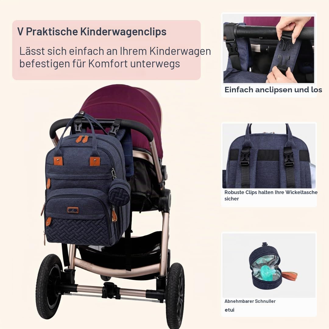 BabbleRoo Wickeltasche Rucksack – Große Kapazität, 17 Taschen, Wasserabweisend – mit Wickelauflage, abnehmbarem Schnullerhalter, Kinderwagengurten – Reiserucksack für Mama & Papa