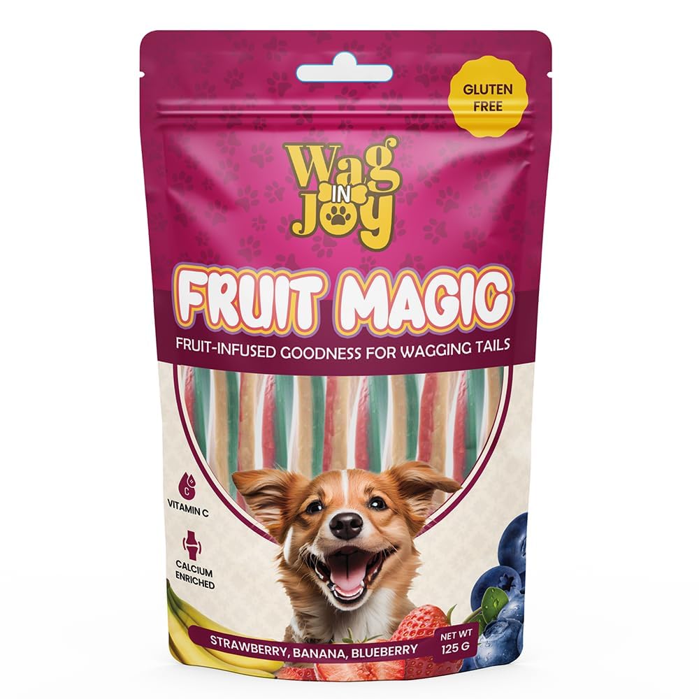Wag in Joy Fruit Magic Veg Treats for Dogs | Vitamin C, Calcium Enriched | Gluten Free | Mix Fruit, Strawberry, Blueberry & Banana Flavour, 125 gm (Stick Shape) (B0CXXYQ7RG) Amazon Price History, Amazon Price Tracker