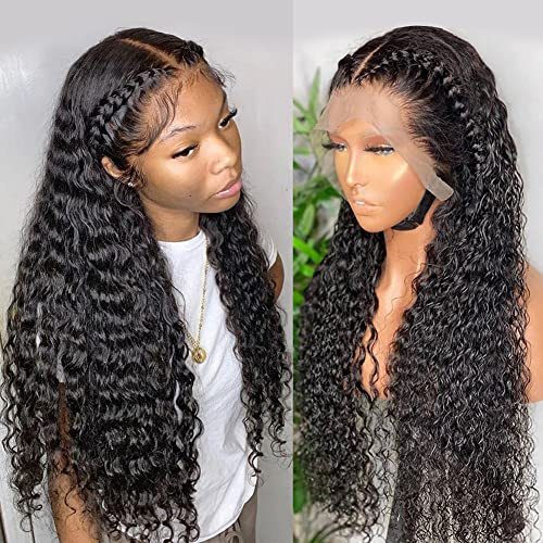 Deep Wave Transparent Lace Front Wig Human Hair Pre Plucked with Baby Hair Unprocessed 13x4 Deep Wave Wigs for Women Brazilian Glueless Lace Frontal Wigs 180% Density Virgin Human Hair Wigs 20 inch