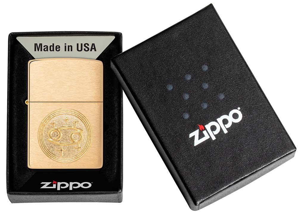 Zippo Briquet Tempête - Emblème Cancer, Zodiaque - Finition Laiton Brossé - Rechargeable - Réutilisable - Design Coupe-Vent - Coffret Cadeau Fabriqué aux États-Unis - Exclusivité Amazon