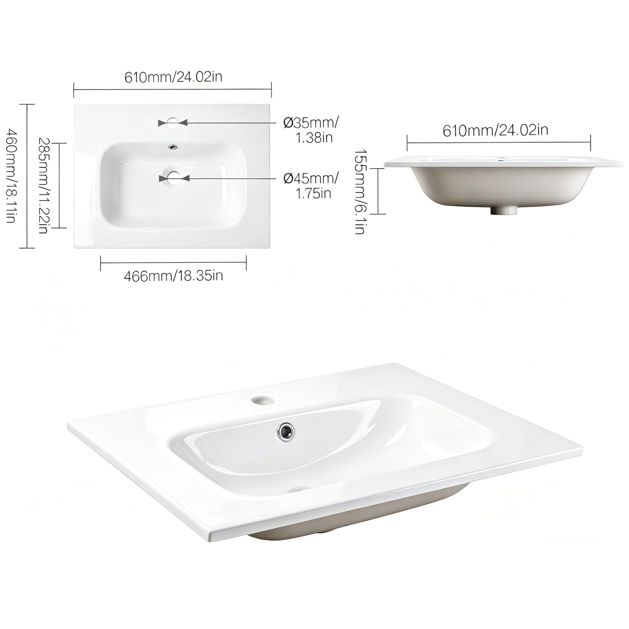 Lavabo Integrale a Incasso Soprapiano, Rettangolare in Ceramica Bianco Lucido, Lavandino Bagno con Foro Troppopieno (610 x 460 x 155 mm)