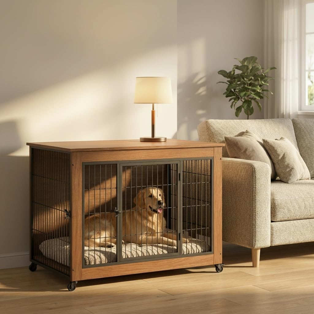 38.6'' Dog Crate Furniture with Movable Lockable Wheels & Ventilation Design, Dog Kennel with Side Table Top & Secure Slide-Locks for Small Medium Dogs Indoor, Brown