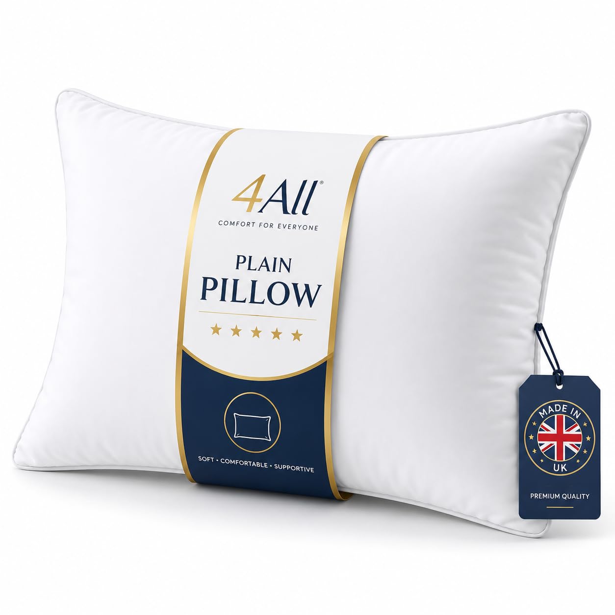 4All Pillow 1 Pack– Hotel Quality Pillow, Soft & Supportive, Ideal for Side Sleepers, Neck & Shoulder Support, Fluffy Hollowfibre Filling, Made in UK (1, Plain Pillows)
