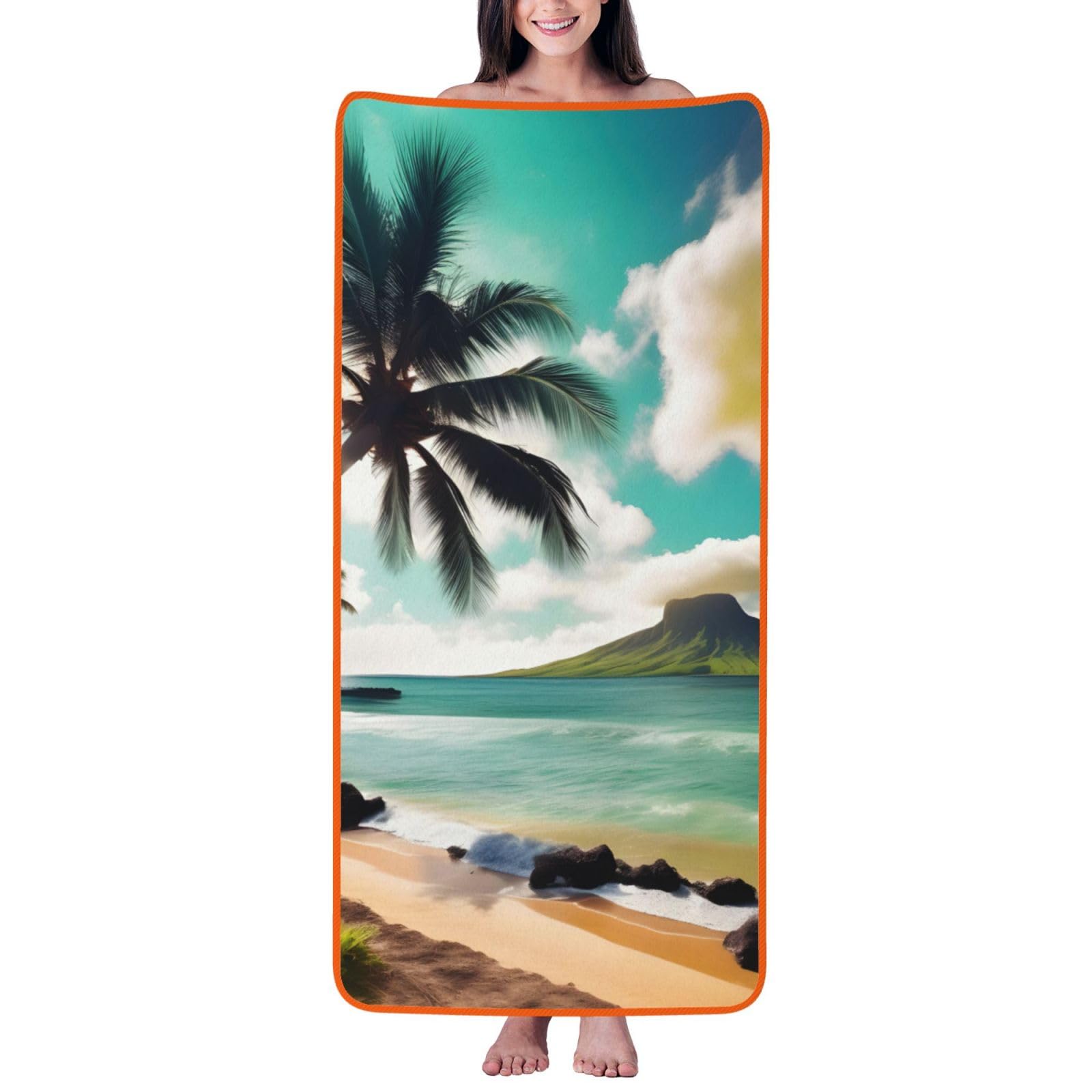 Nimongt Unisex Orange Tropical Beach Palms Print Lightweight Comfort Coral Velvet Bath Towel Home Bathroom Hotel Spa Beach Travel