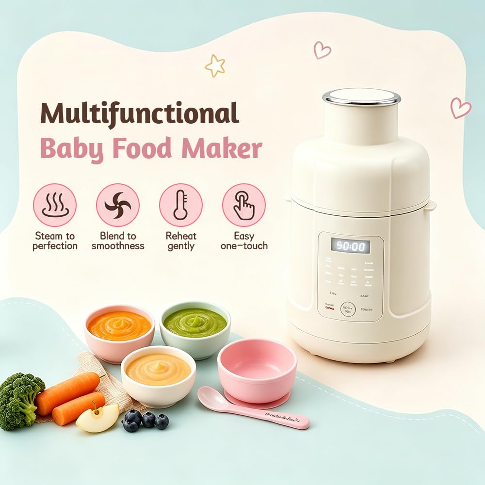 Babynahrungszubereiter, Dampfgarer mit Mixer,Aufwärmen, Automatische Reinigungsfunktion, Edelstahl Babybrei Zubereiter Multifunktion, BPA-frei