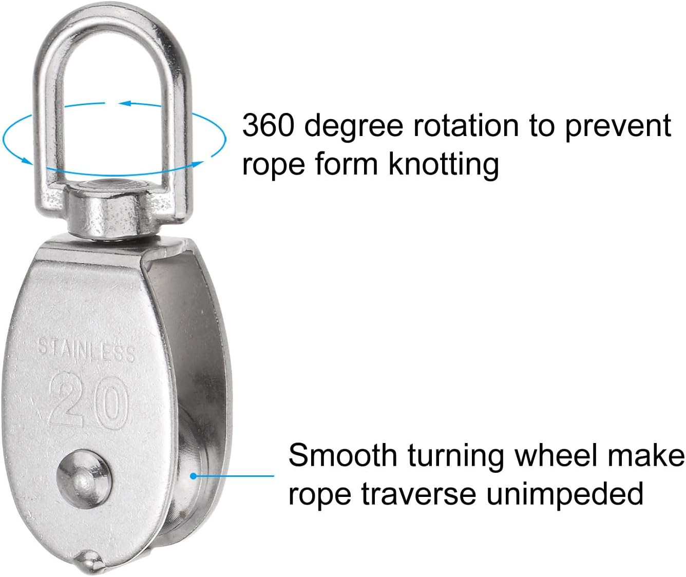 uxcell Set of 10 M20 Single Pulley Block with Spring Snap Hook, 304 Stainless Steel Hanging Wire Towing Wheel, Crane Pulley Roller Loading 170lbs