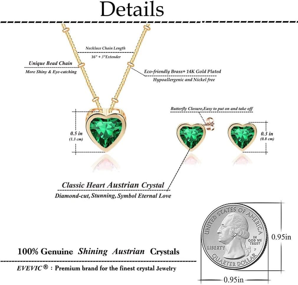 EVEVIC Austrian Crystal Heart Pendant Necklace Earrings for Women 14K Gold Plated Hypoallergenic Jewelry Set