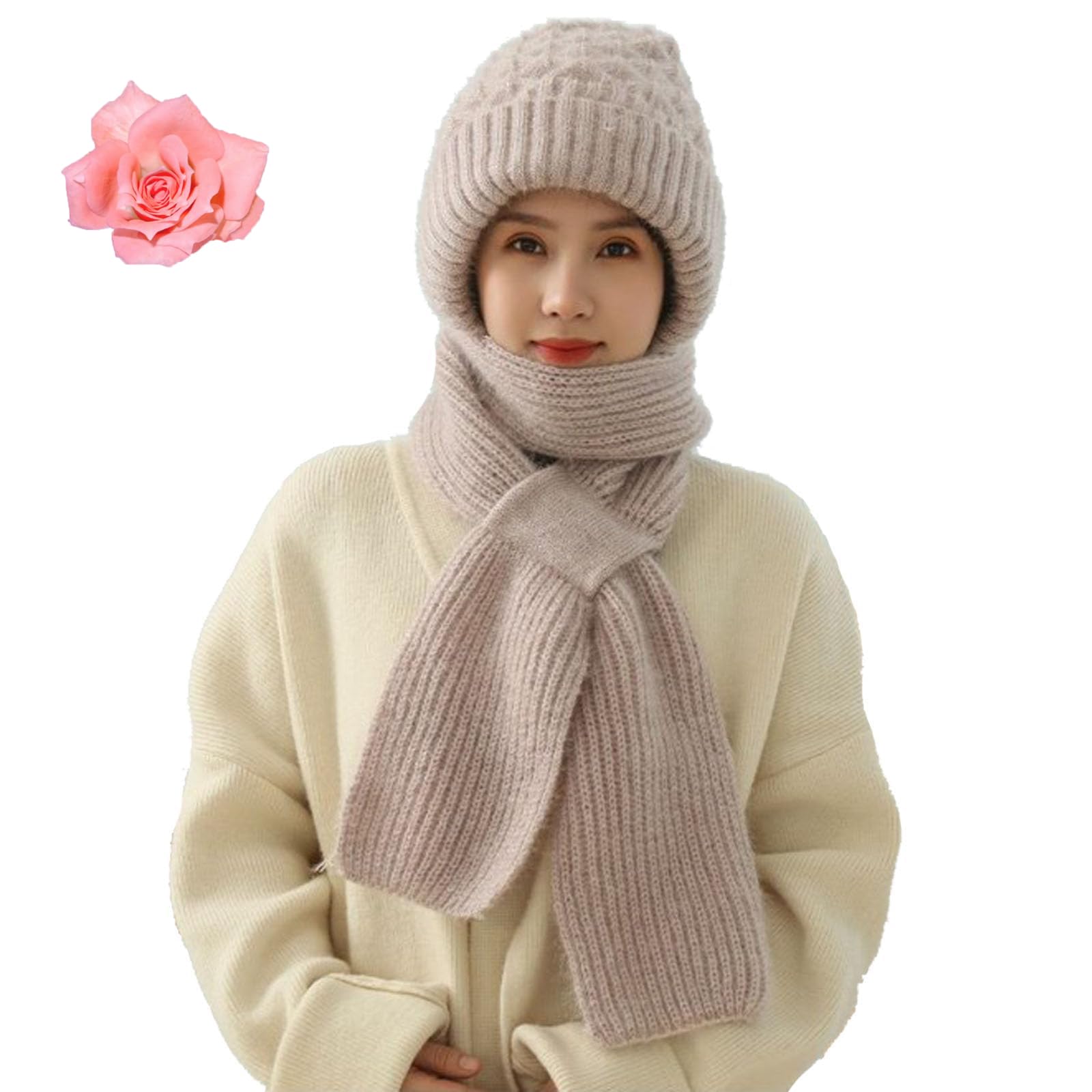 Qosneoun Integrated Ear Protection Windproof Cap Scarf,2 in 1 Winter Warm Knitted Hat Scarf,Thickening Beanie Hat (UK, Alpha, One Size, Milk Tea Gray)