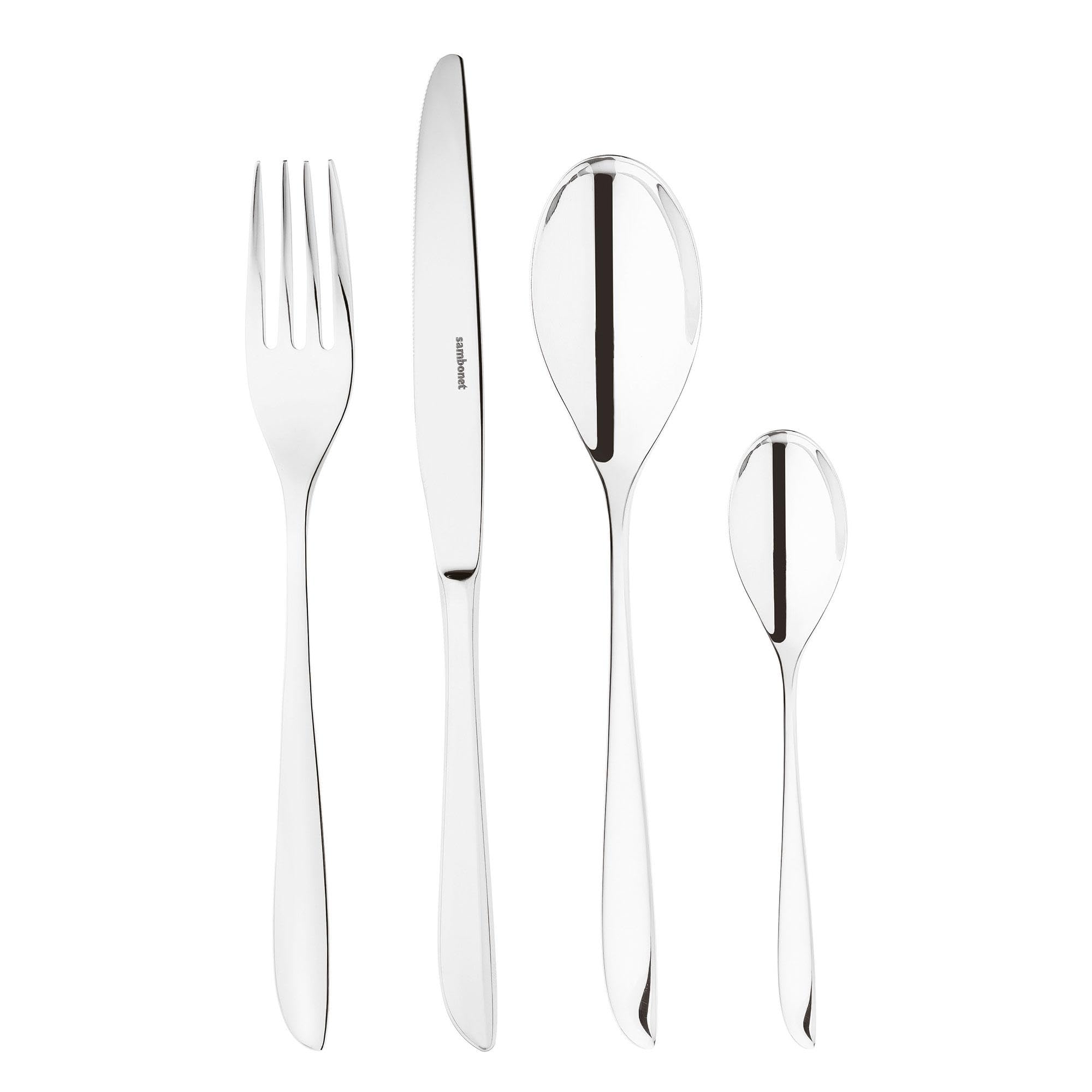 Sambonet Steel Leaf 52163-G2 Cutlery Set 18/10 Stainless For 12 People 48 Pieces: 12 Forks, 12 Spoons, 12 Knives, 12 Teaspoons, Dishwasher Safe,