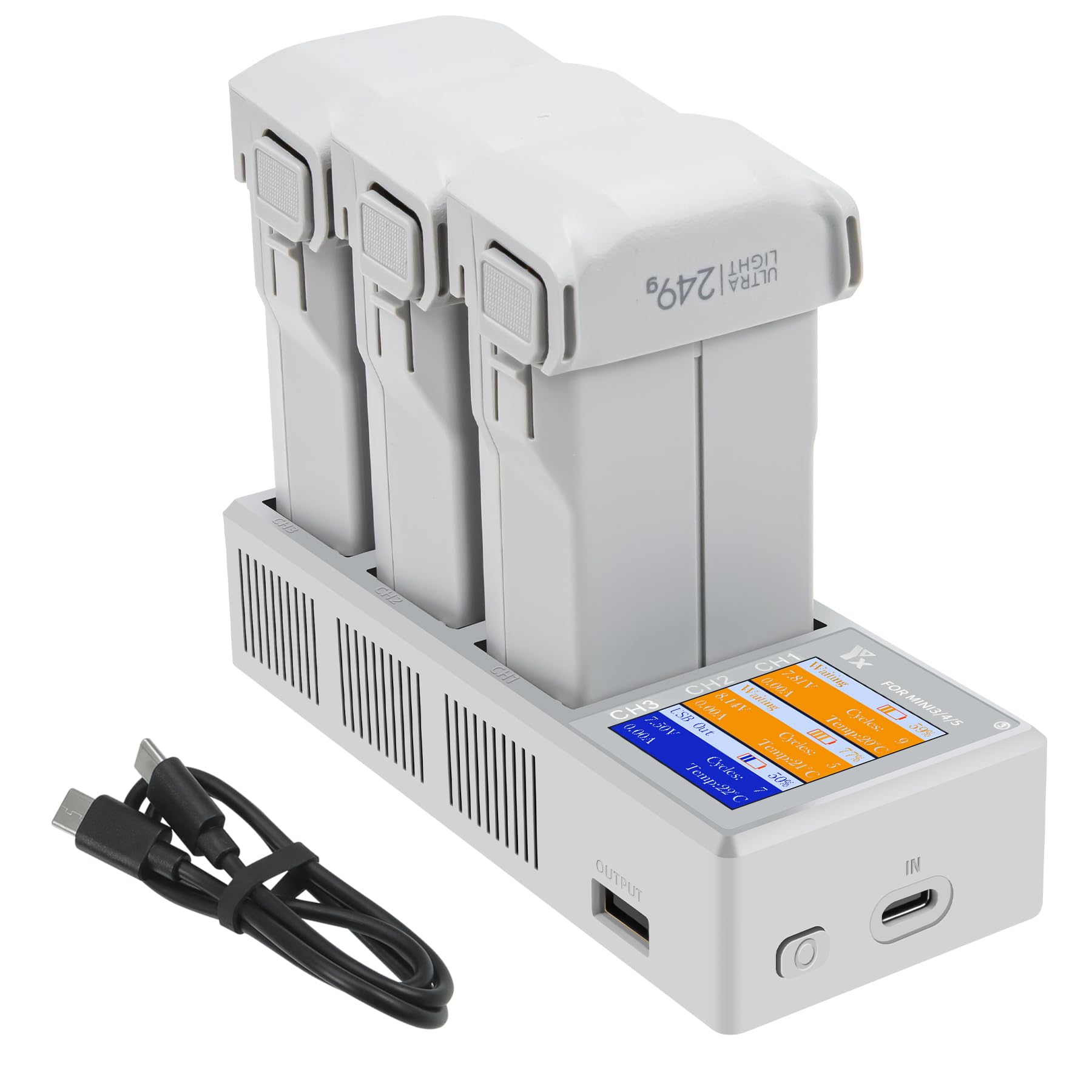 LYONGTECH Multifunction LCD Charger with Storage Charge,Discharge for DJI Mini 5 4 Pro,Mini 3/3 Pro Battery,Charging Three Batteries,Two-Way Hub Accessories