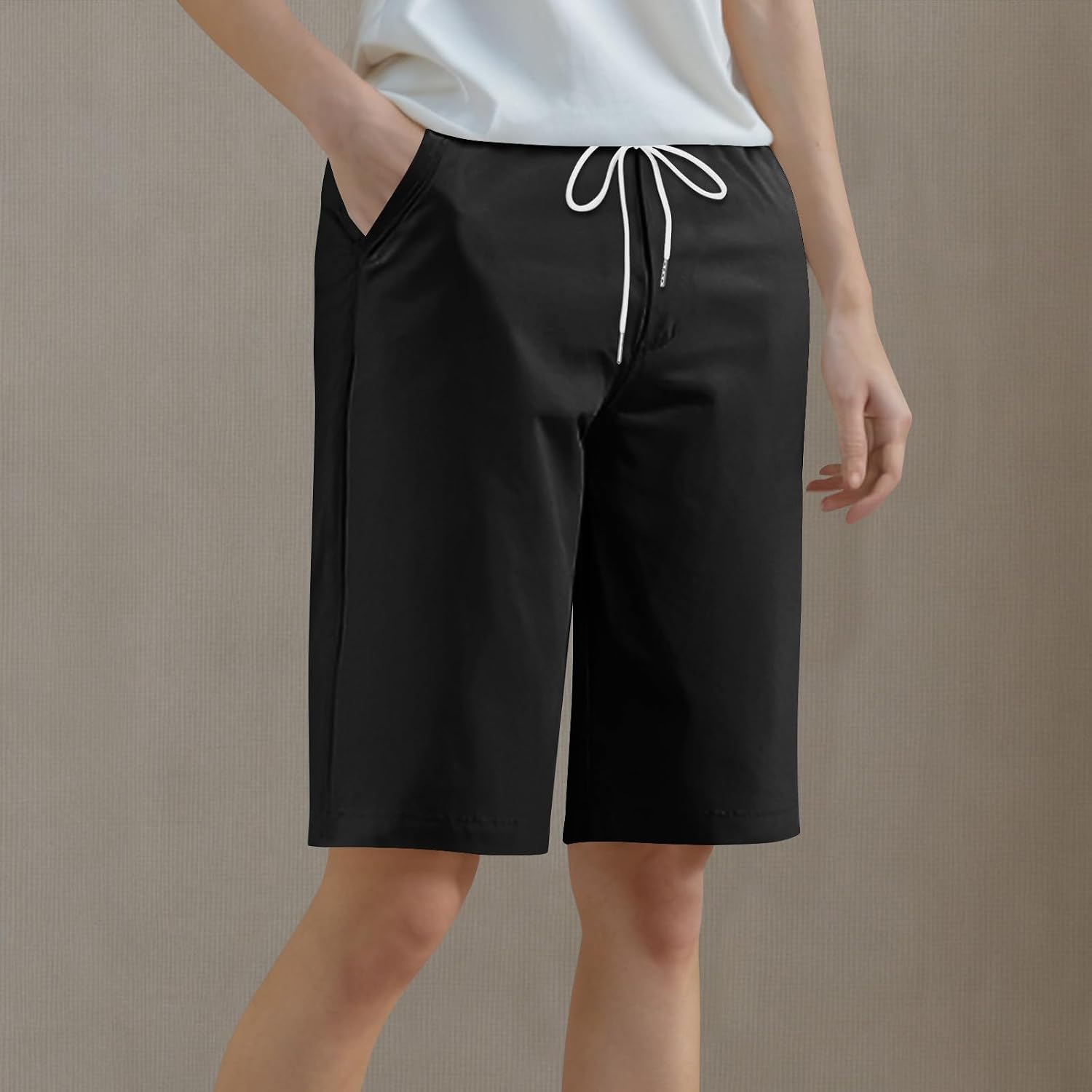 Bermuda Shorts for Women Knee Length Plus Size Summer Elastic Waist Drawstring Workout Beach Long Shorts with Pocket