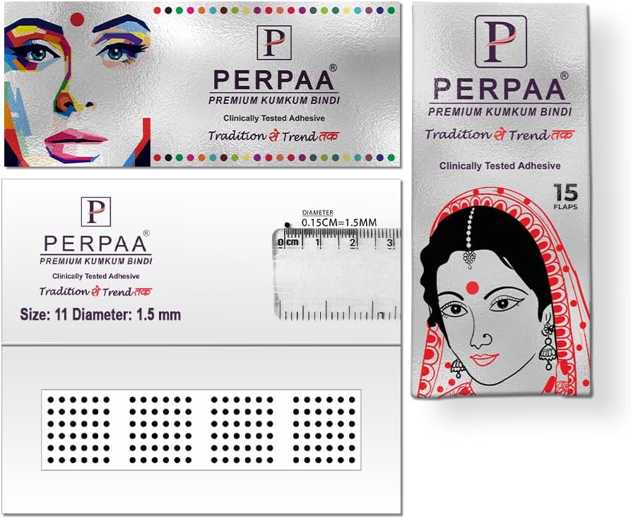 PERPAA Sticker Kumkum Bindi (Round), Size 11, Diameter 1.5mm - Black, 15 Flaps, Breathable Fabric, No Gum Marks, Does not Irritate Skin-Self-Adhesive