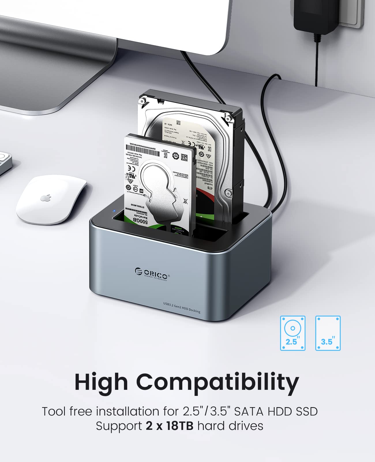 ORICO Station d'accueil double disque dur en aluminium USB 3.2 Gen 2 pour SATA 2,5/3,5" SSD/HDD 2 baies, bloc d'alimentation 12 V 3 A, prend en charge 2 x 18 To, sans outil (6626C3)