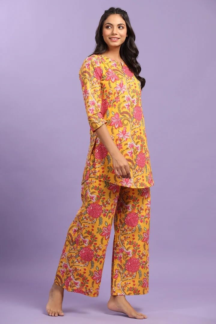 Leriya Fashion Women Ethnic Kurta Set | Rayon Co-Ord Set | Fancy Pajama Set | Pack Of 2 | Floral Printed Top & Pant Set | Full Pair Set | A-Line Kurta Set For Women | Co-Ord Set (Small, Yellow)