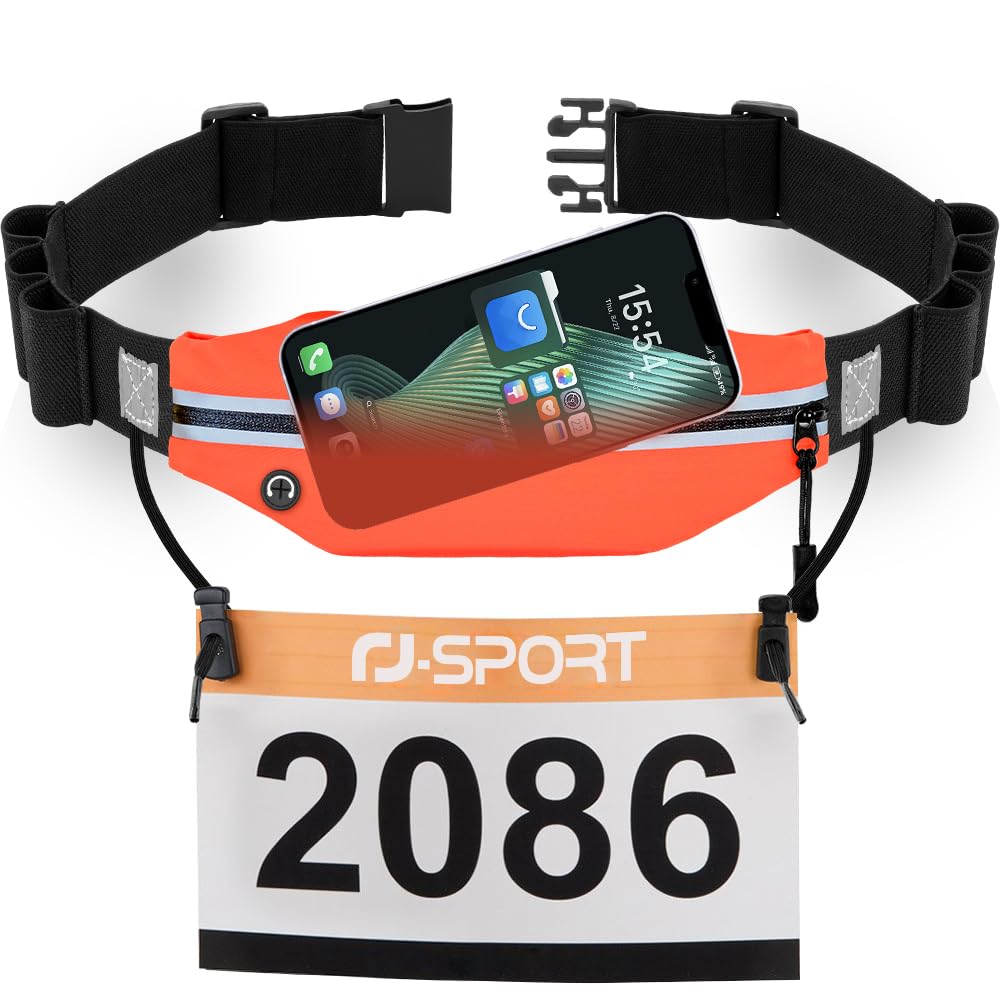 Laufgürtel für Handy - wasserdichte Lauftasche, Sportgürtel Hüfttasche, Triathlon Startnummernband Laufgurt mit Bauchtasche & Verstellbarem Gummiband & Nummernhalter &6 Gel-Halter