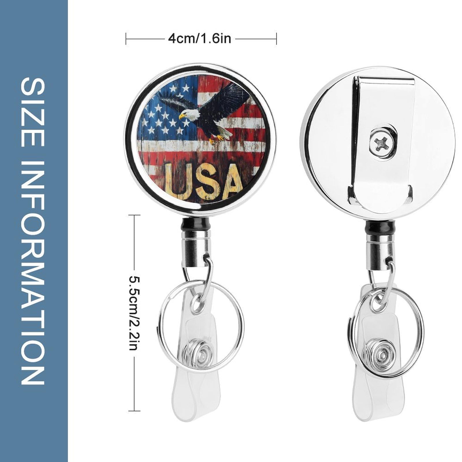 U.S Flag USA E-agle Retractable Badge Holder Metal ID Name Holder Key Ring with Belt Clip
