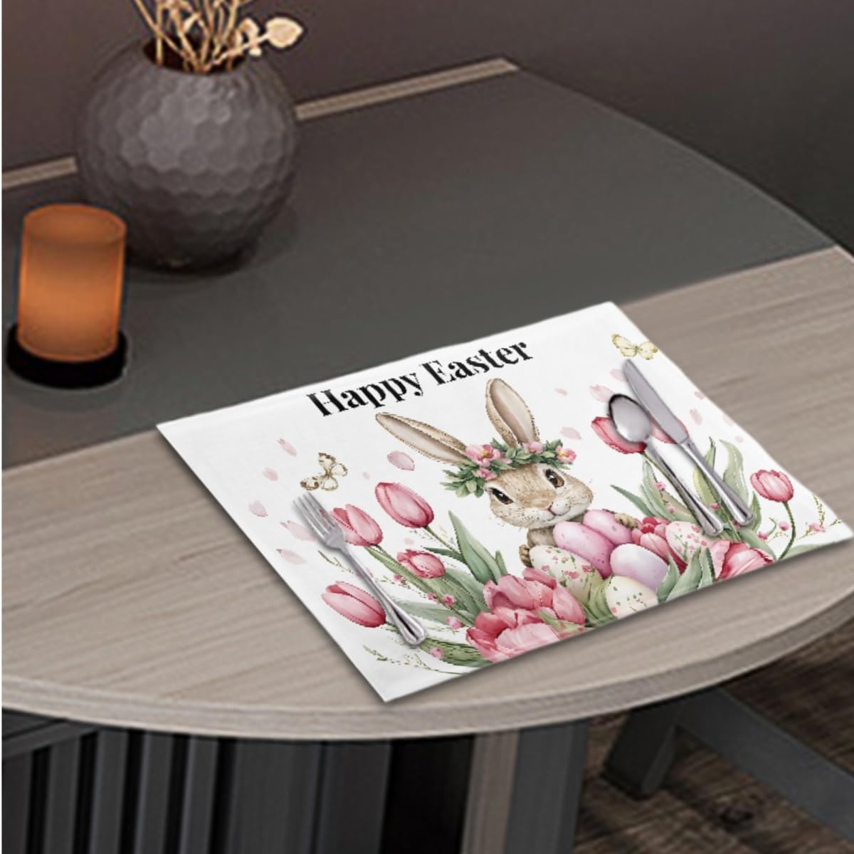 ENLACHIC Cute Bunny Easter Placemats Set of 4, 18x12 Inch Pink Tulip Floral Buffalo Plaid Spring Table Mats for Party Kitchen Dinner Holiday Easter Decoration
