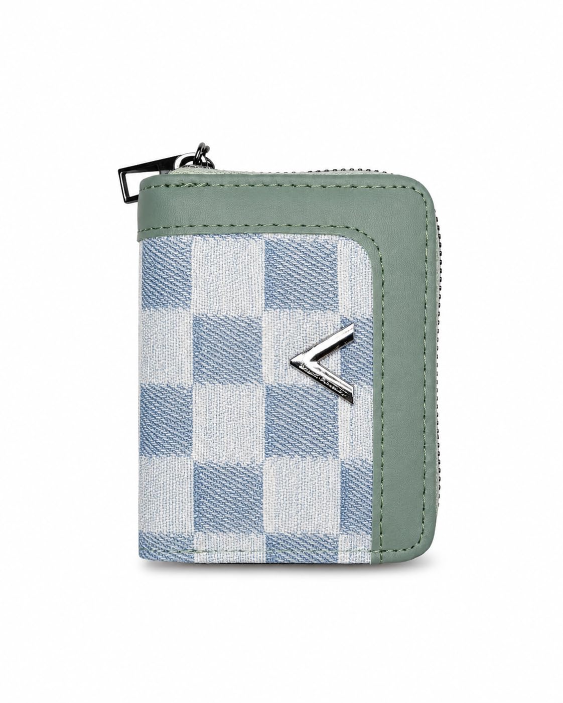 Zip-Around Compact Wallet, Blue Checkered with Green Trim-picture-39