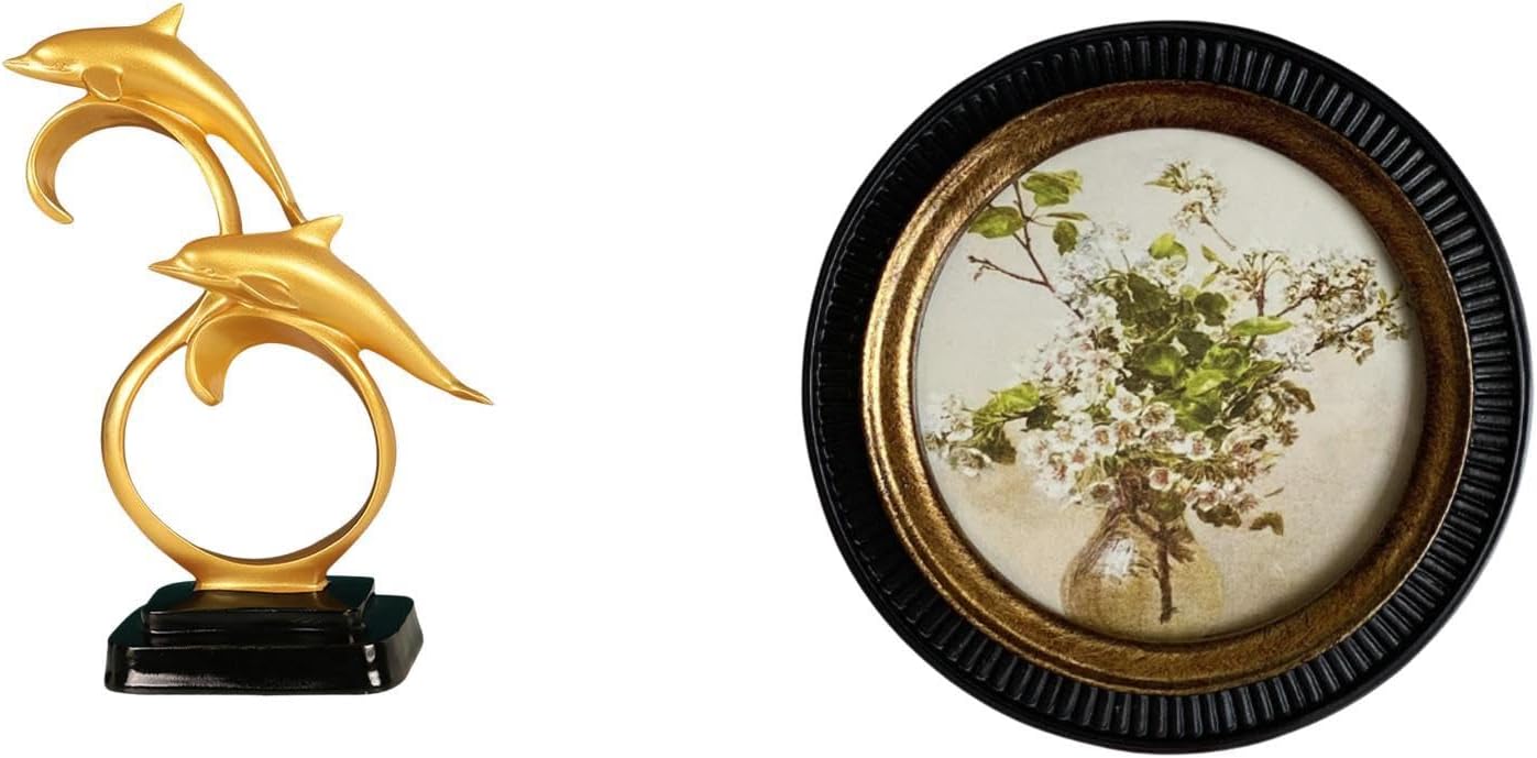 Fenteer Dolphin Figurine European Retro Resin Picture Frame Vintage Desktop Ornament Ornate Round Photo Frame Suitable for Living Room Bookshelf Office